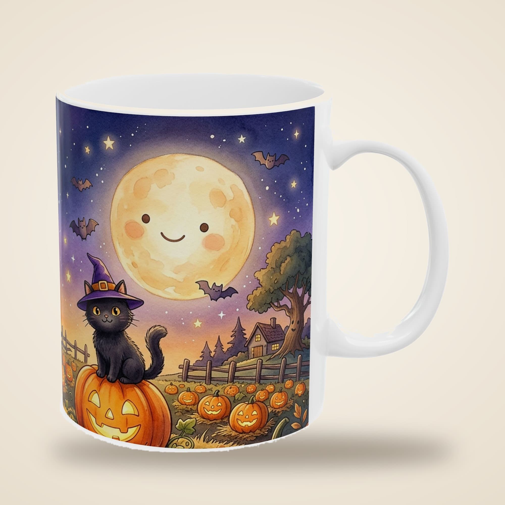 Halloween Mug, Spooky Season Black Cat Pumpkin Patch, 11oz