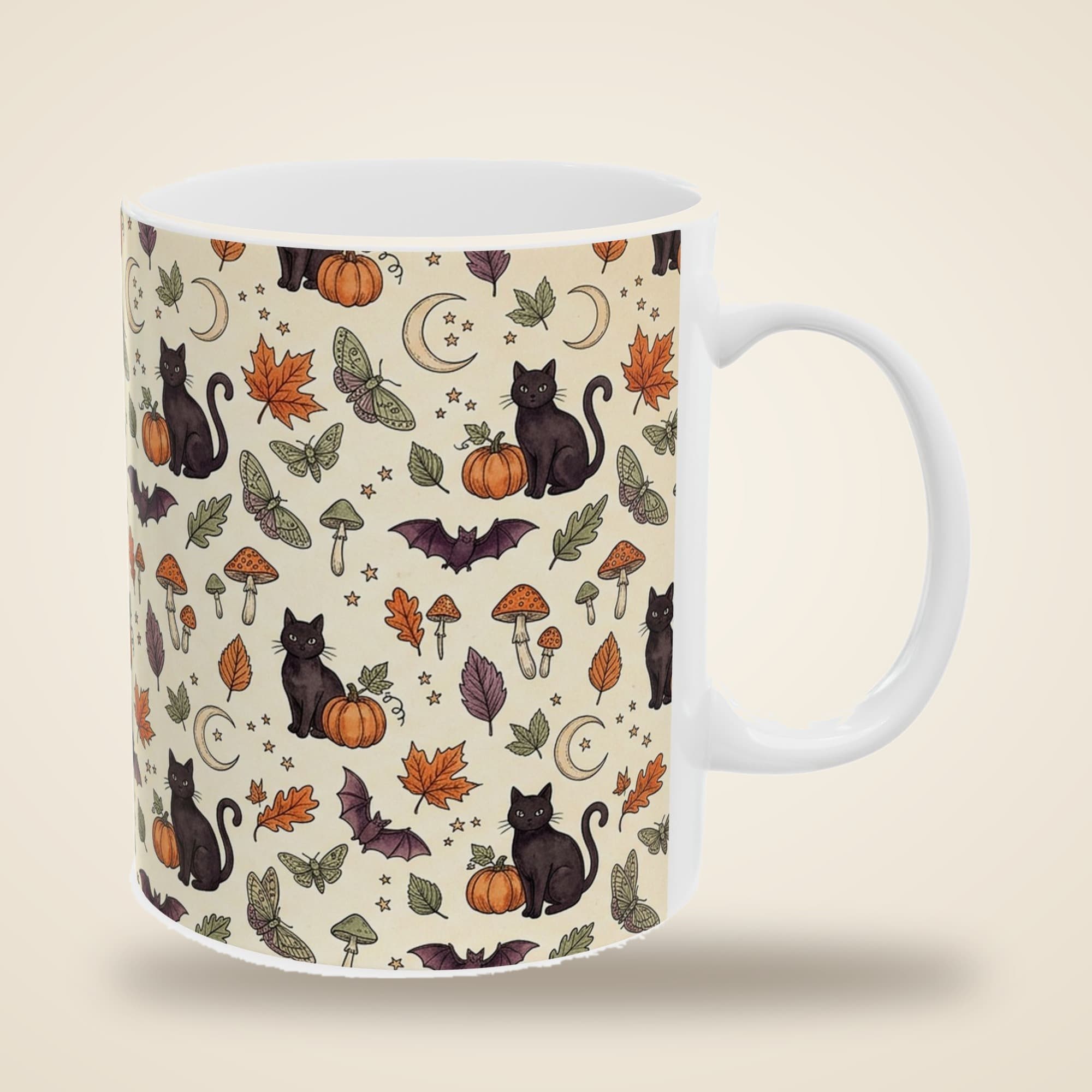 Black Cat Halloween Mug, Witchy Autumn Pumpkin Pattern, 11oz