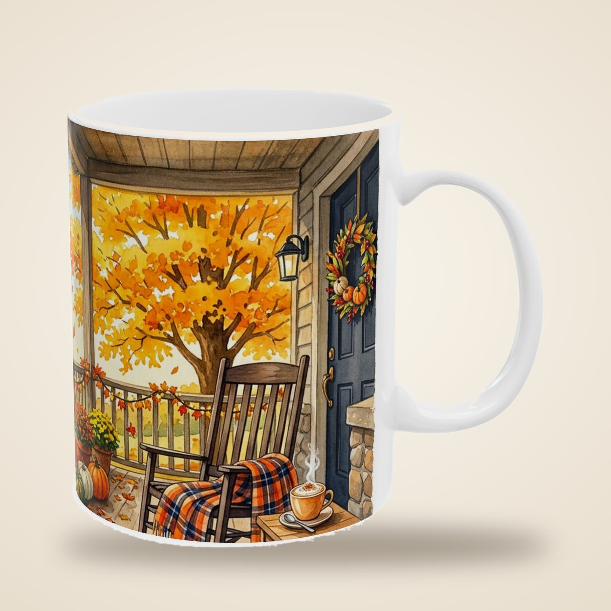Fall Mug, Hello Fall Autumn Porch Watercolor, 11oz